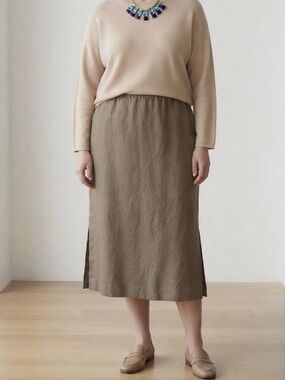 Pure Jill 100% Linen Midi Skirt with Elastic Waist & Side Slits Size M